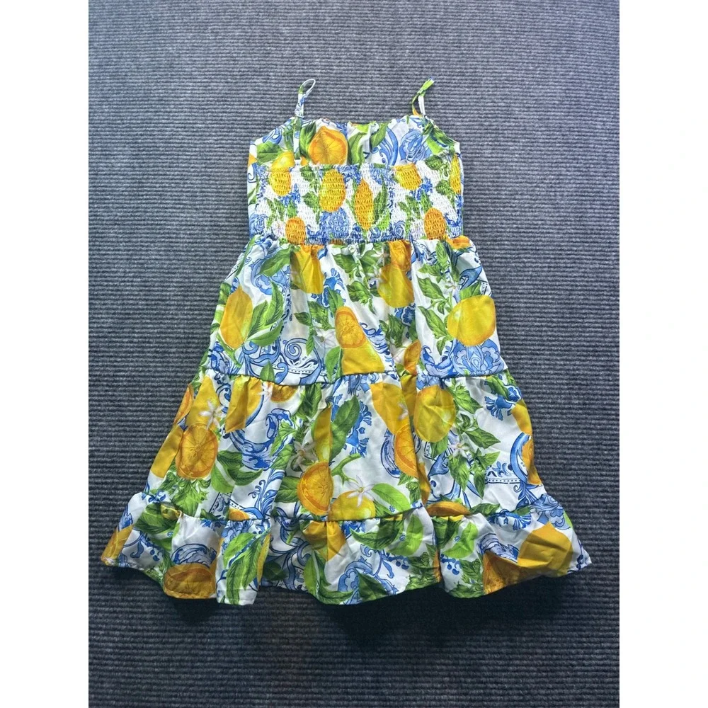 Girls Lemon Citrus Tile Print Tiered Smocked Sundress Floral Yellow Blue 12Y
